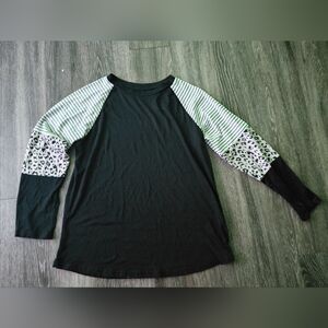 Black Raglan Long Sleeve Top with Striped and Leopard Print Sleeves